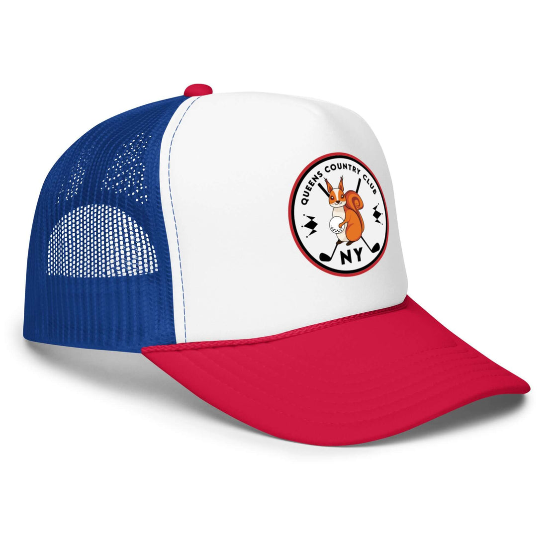   QCC Squirrel Print Foam trucker hat blue red side view